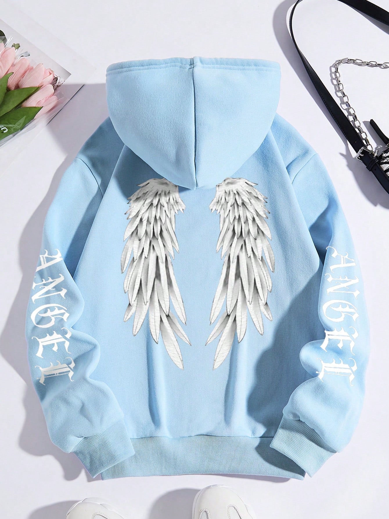 Wings & Letter Graphic Drawstring Thermal Lined Hoodie