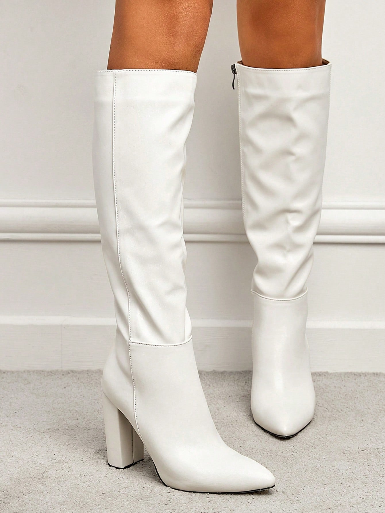 Women's Classic Chunky High Heel Pointed Toe Side Zipper White Over-the-knee Boots For Warmth, Autumn And Winter