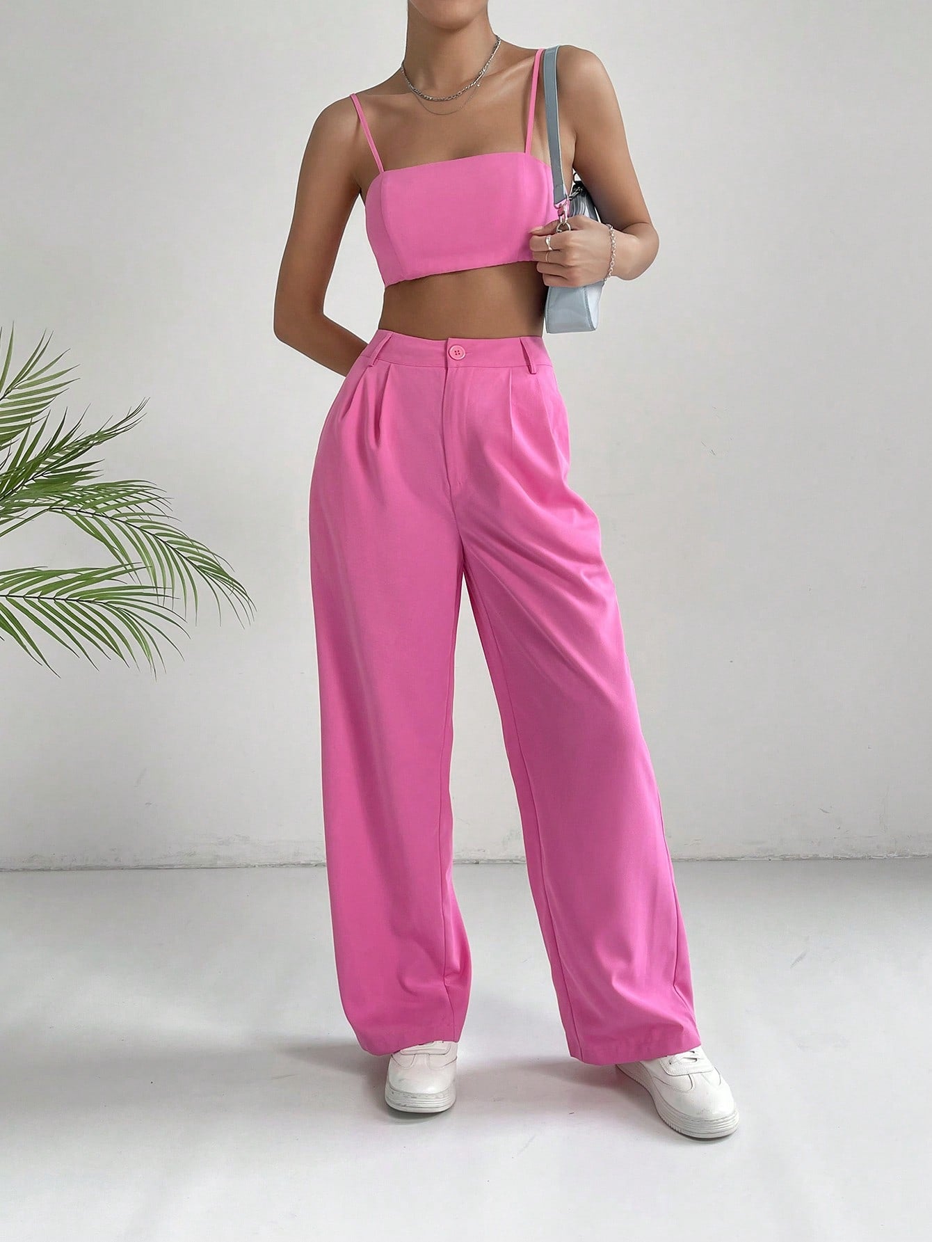 Commuting Style Pink Solid Crop Cami Top & Wide Leg Pants
