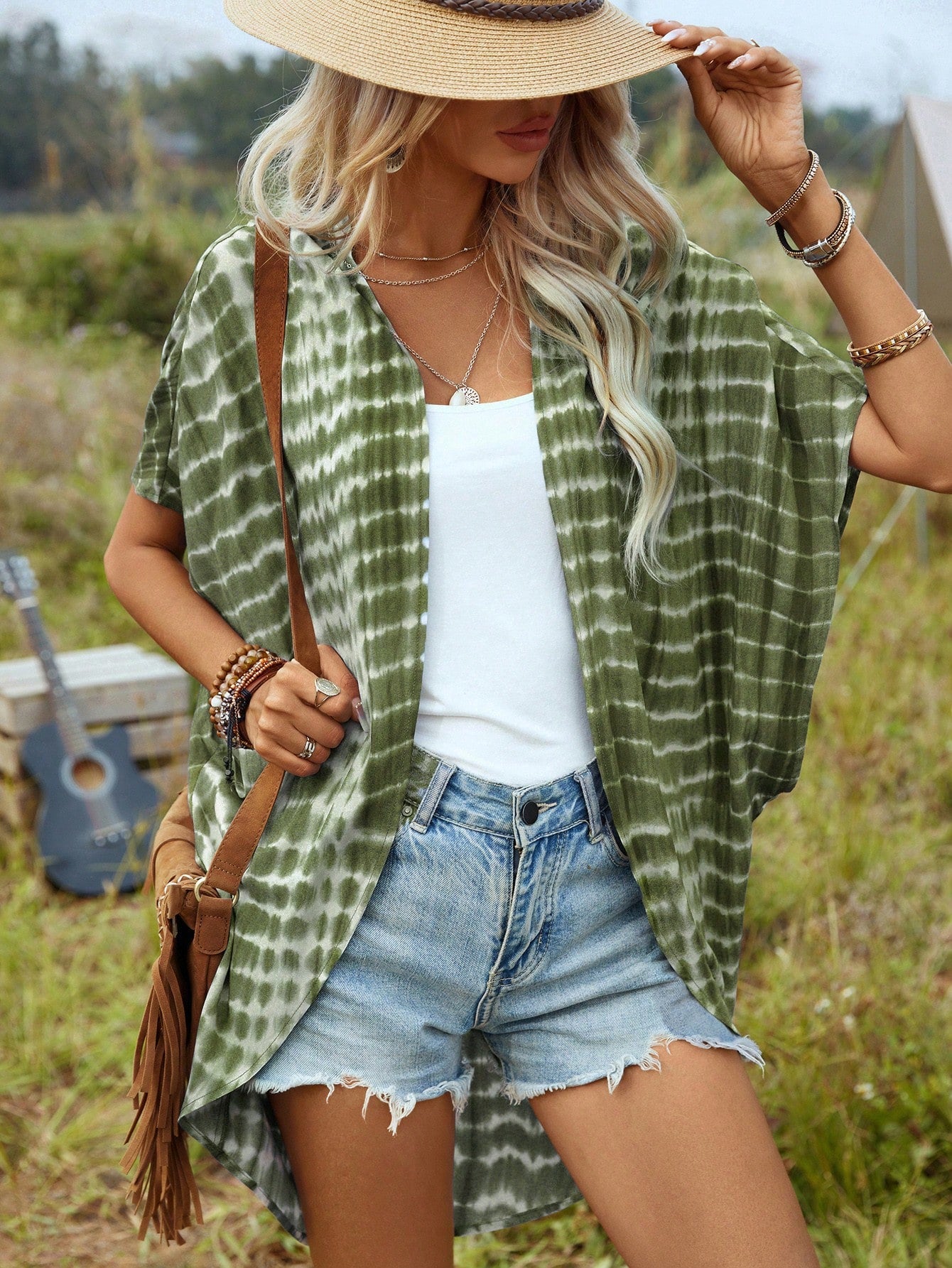 Tie Dye Batwing Sleeve Open Front Kimono