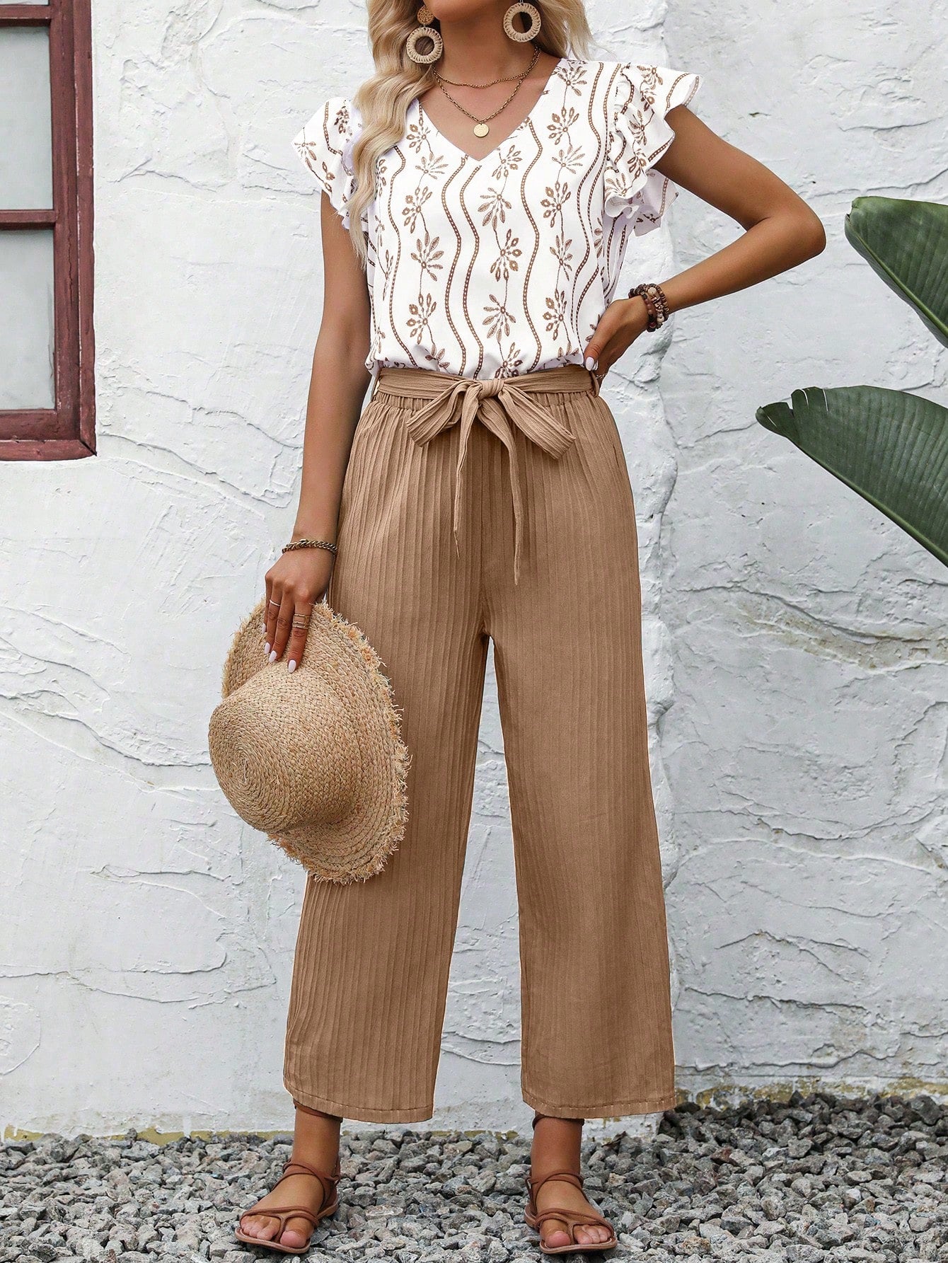 Allover Print Ruffle Trim Blouse & Belted Pants