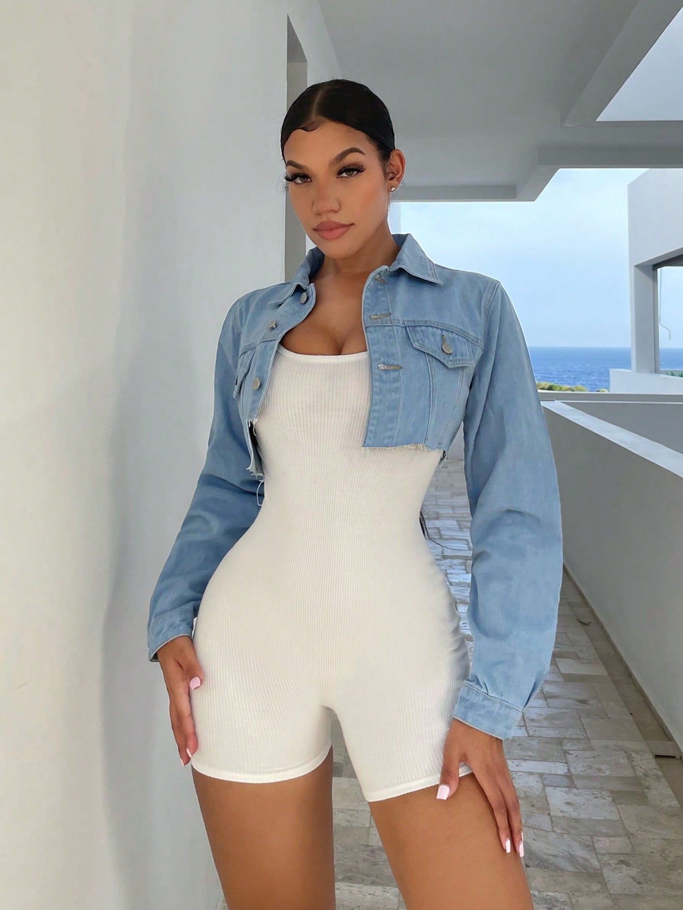 Flap Pocket Crop Denim Jacket Without Unitard Romper