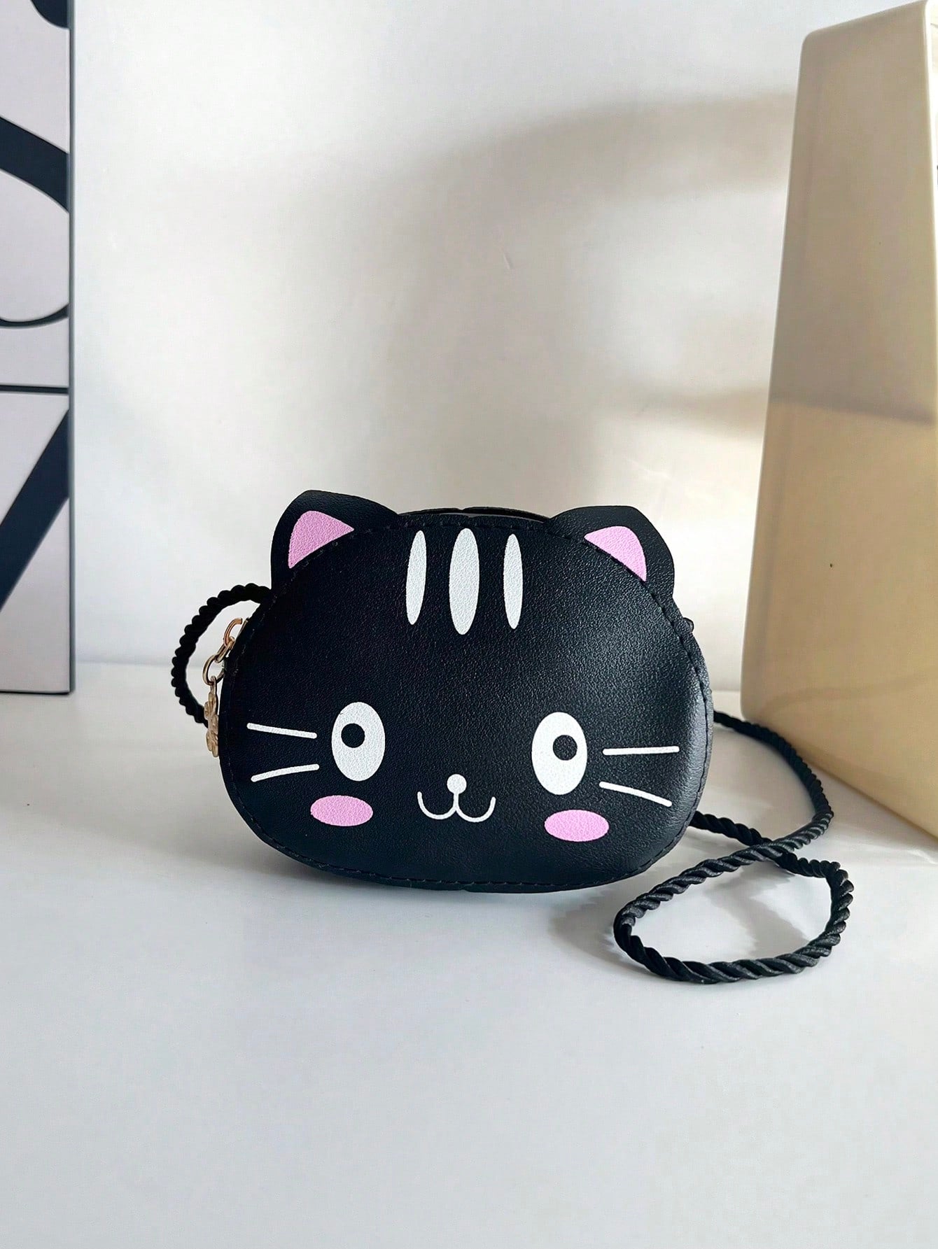 1pc Girls Ear Decor Cat Pattern Zipper Circle Bag