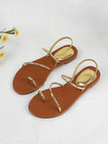 Women Toe Ring Design Slingback Thong Sandals, Glamorous Gold Flat Sandals