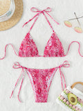 Swim Mod Summer Beach Floral Print Smocked Halter Triangle Bikini Set