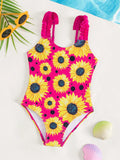 Young Girl Sunflower Print Frill Trim One Piece Swimsuit