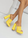 Fashion Yellow Mule Sandals For Women, Platform Chunky Heeled Fabric Sandals