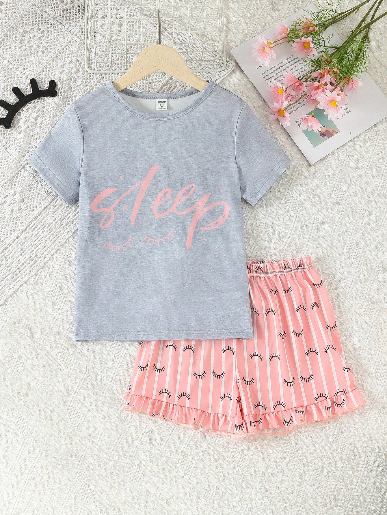 Tween Girl Letter Graphic Tee & Striped Ruffle Trim Shorts PJ Set