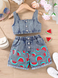 Young Girl Watermelon Print Denim Tank Top & Shorts Set