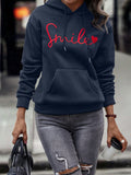 Letter & Heart Embroidery Kangaroo Pocket Drop Shoulder Drawstring Hoodie