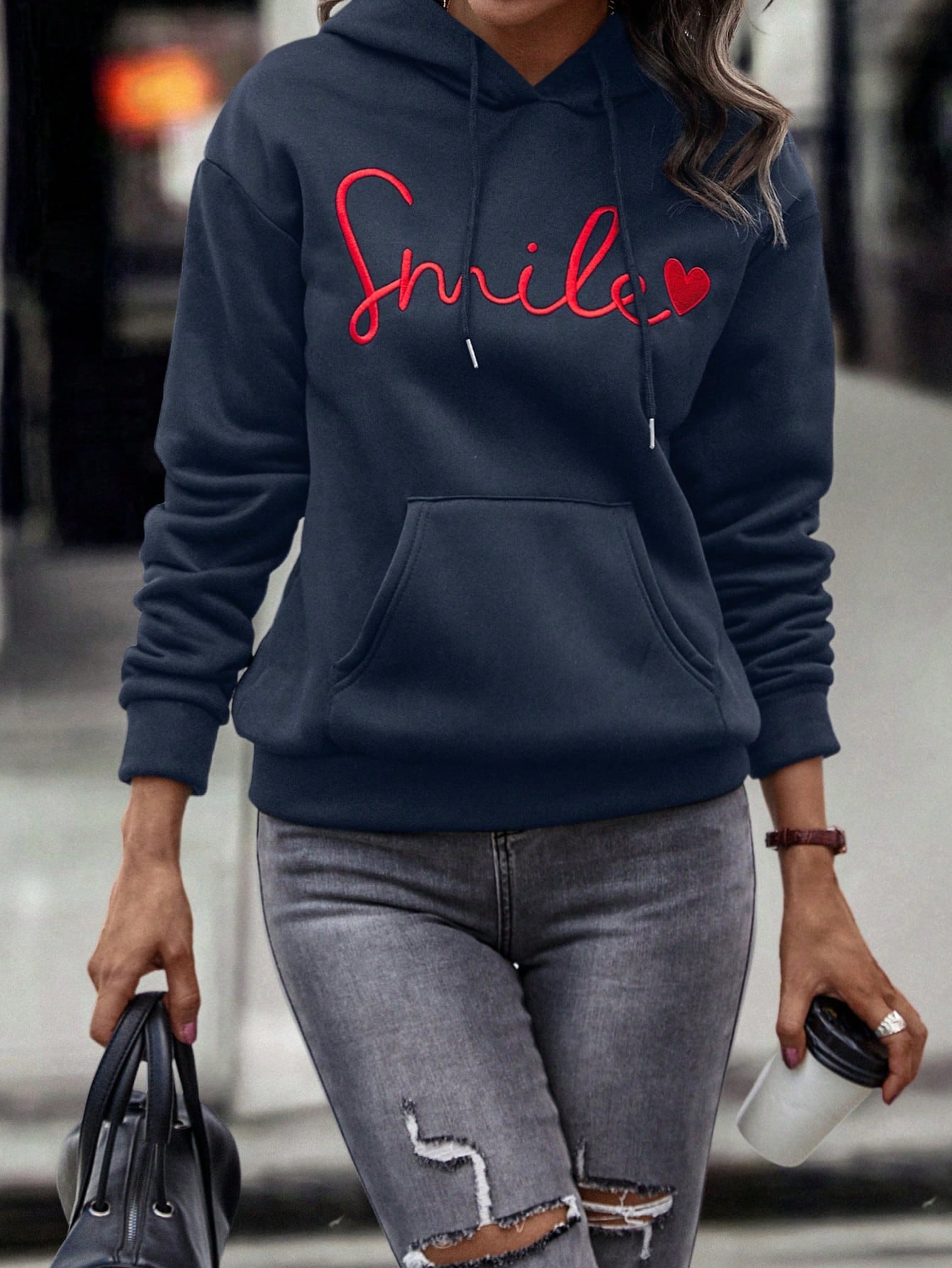 Letter & Heart Embroidery Kangaroo Pocket Drop Shoulder Drawstring Hoodie