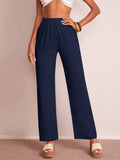 Solid Elastic Waist Wide Leg Pants