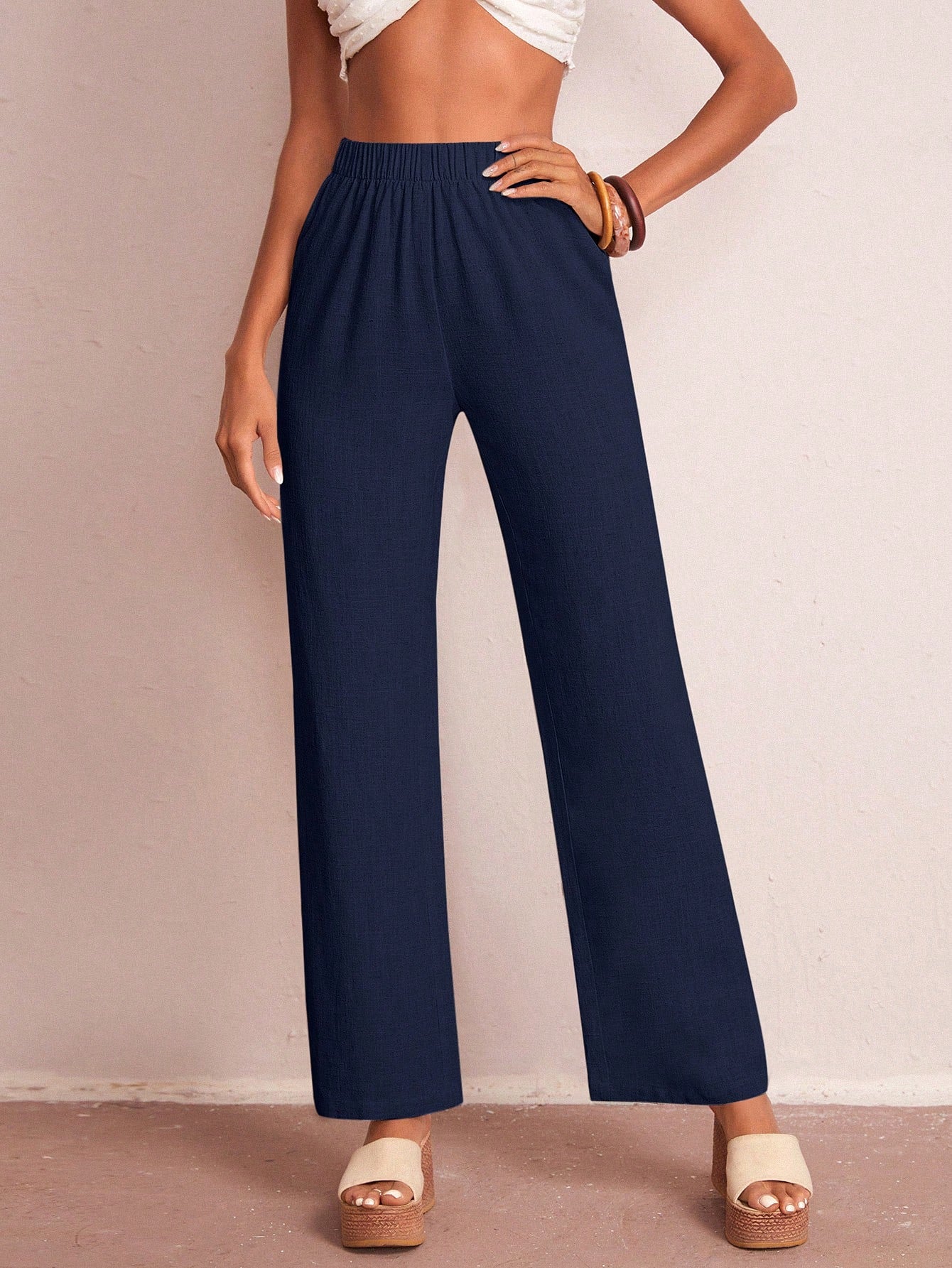 Solid Elastic Waist Wide Leg Pants