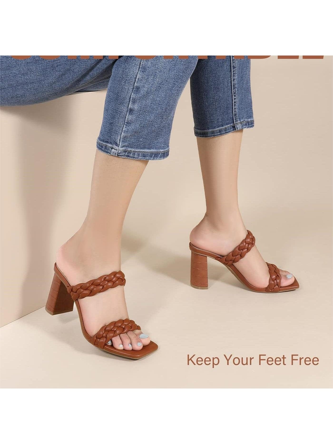 Women Braided Sandals Stylish Square Toe Braided Heels 3 inches Woven Chunky Heels