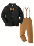 Young Boy Gentlemen's Long Sleeve Shirt + Suspenders Pants Formal Suit Set For Birthday Party, Evening Event, Wedding Season