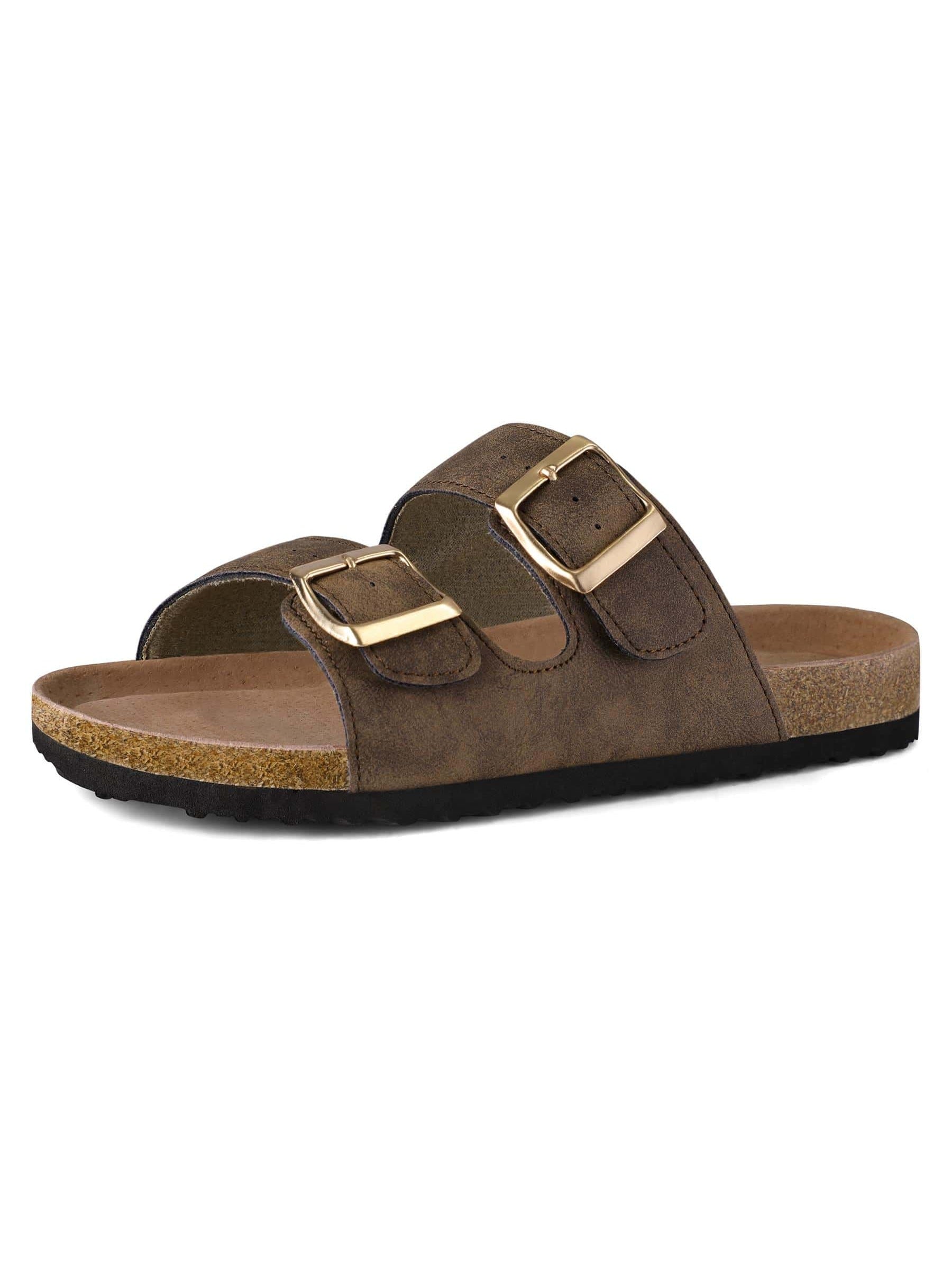 Women Slide Sandals 2 Straps Adjustable Buckle Slip On Sandals With Comfort Arch Support