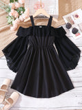 Tween Girl Cold Shoulder Ruffle Trim Dress