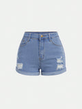 Teen Girls Ripped Roll Up Hem Denim Shorts