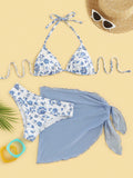 Swim Mod Summer Beach Floral Print Triangle Bikini Set With Beach Skirt
