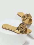 Women Metallic Snakeskin Embossed Chain Decor Slide Sandals, Glamorous Sandals