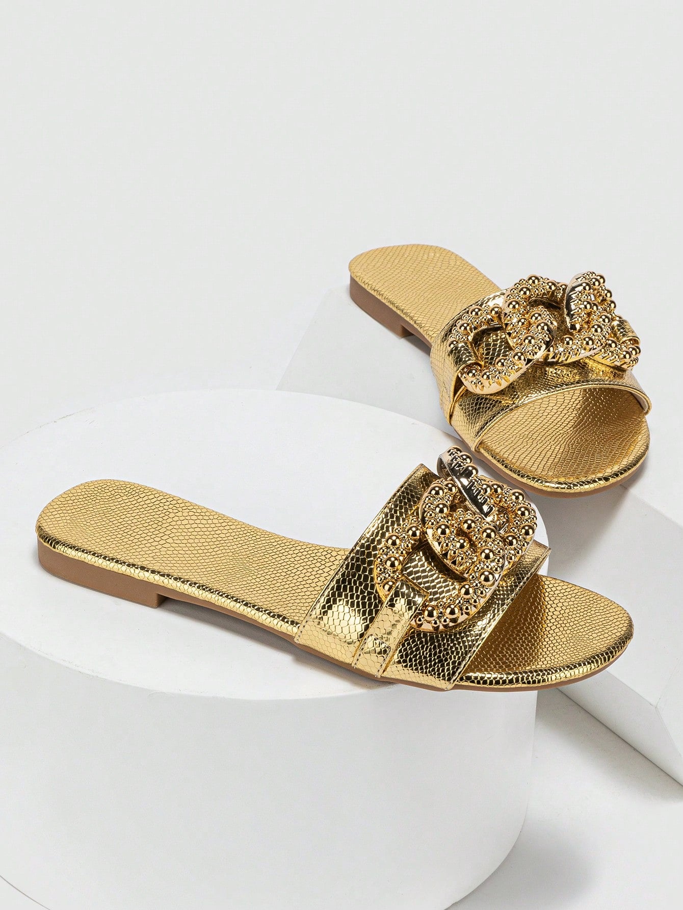 Women Metallic Snakeskin Embossed Chain Decor Slide Sandals, Glamorous Sandals