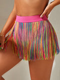Swim Summer Beach Rainbow Striped Fringe Hem Cover Up Skirt