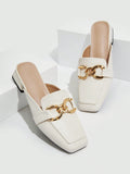 Women Metal Decor Square Toe Mule Flats, Fashion Outdoor Flats For Summer Vacation Shoes Summer Sale Back To School Shoes College Student Shoes Elegant Business Casual Business Chic Halloween
