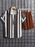 Men Plus Striped Shirt & Drawstring Waist Shorts Without Tee