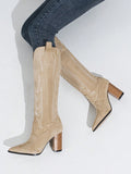 Women's Pointed Toe Pull-on Western Boots With Chunky High Heels In Embroidered & Suede Design, Fall/winter
