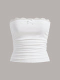 Contrast Lace Trim Ruched Side Bow Front Tube Top