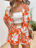 Tropical Print Drop Shoulder Kimono & Shorts