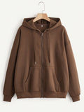 Plus Zip Up Drop Shoulder Drawstring Thermal Lined Hoodie