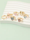 7pcs Natural Stone Faux Pearl Rings For Girls 3-14 Years Old