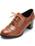 Black PU Leather Wingtip Lace Up Mid Heel Elegant Oxfords Pumps Shoes For Women
