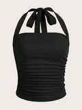 Summer Solid Ruched Halter Top