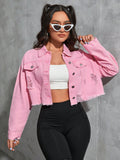 Qutie Raw Hem Ripped Crop Denim Jacket