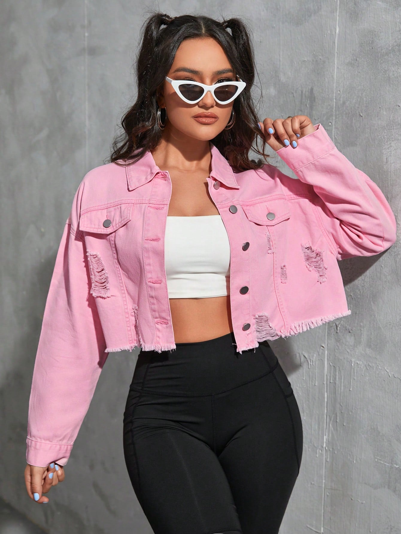 Qutie Raw Hem Ripped Crop Denim Jacket