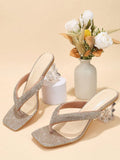Glamorous Sandals For Women, Rhinestone Decor Toe Post Design Sculptural Heeled Thong Sandals