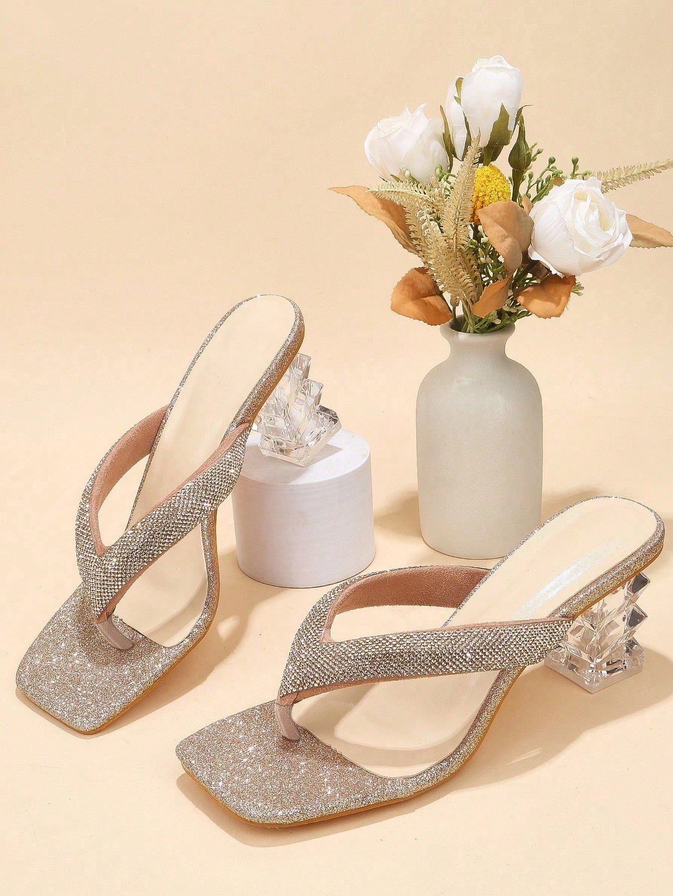Glamorous Sandals For Women, Rhinestone Decor Toe Post Design Sculptural Heeled Thong Sandals