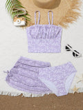 Tween Girl Ditsy Floral Print Bikini Set With Beach Skirt Summer Beach