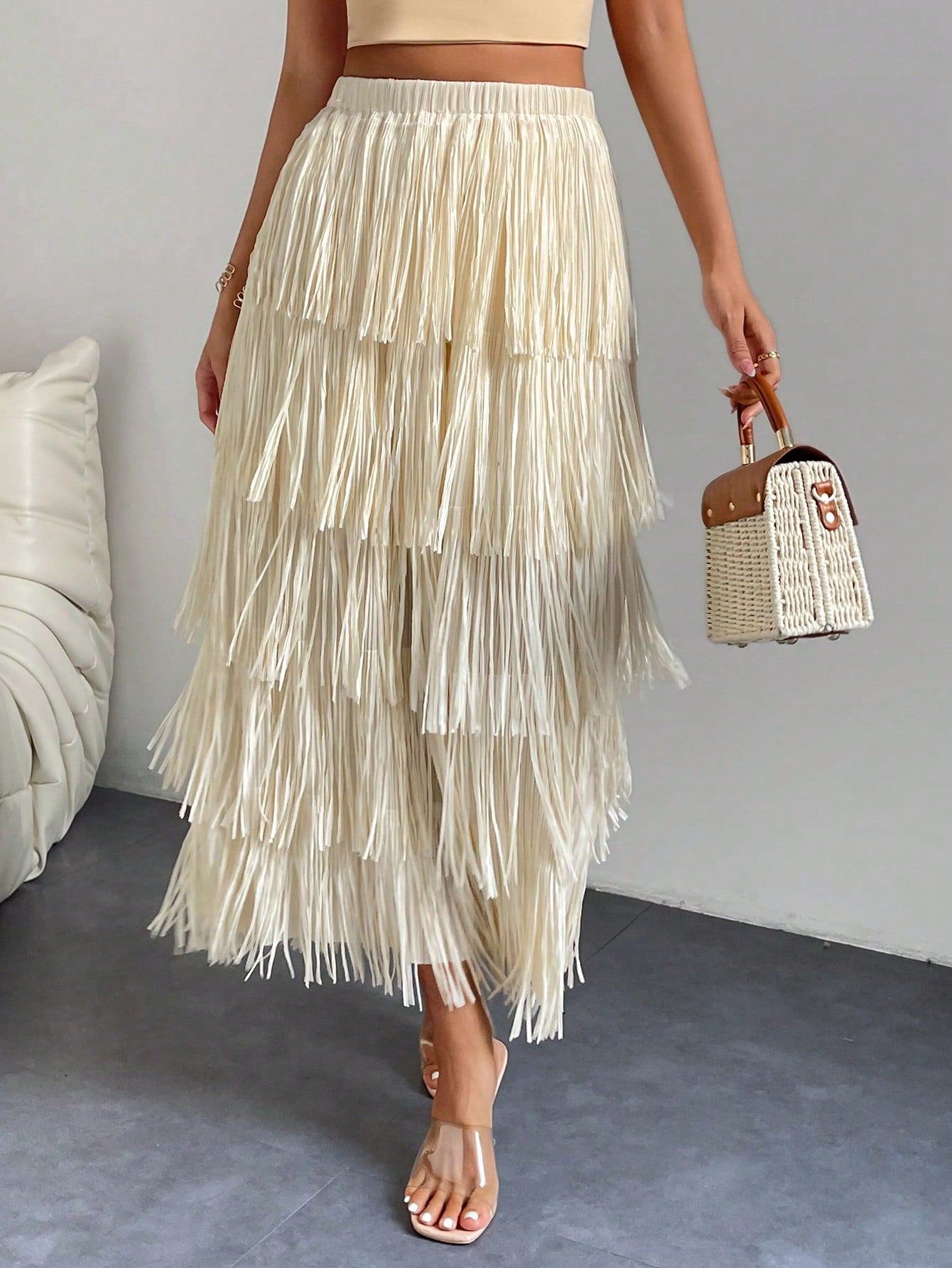 High Waist Fringe Trim Skirt