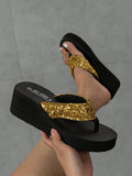 Women Glitter Decorated Thong Sandals, Fashionable Summer Flip Flops