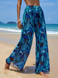 Swim Summer Beach Tropical Print Belted Wide Leg Pants Beach Flowy Pants