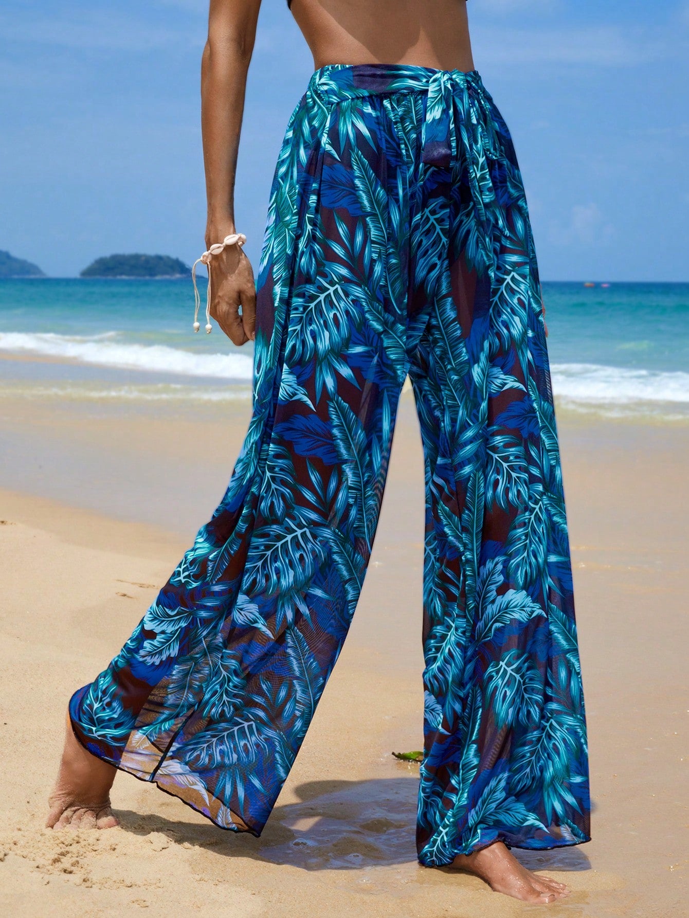 Swim Summer Beach Tropical Print Belted Wide Leg Pants Beach Flowy Pants