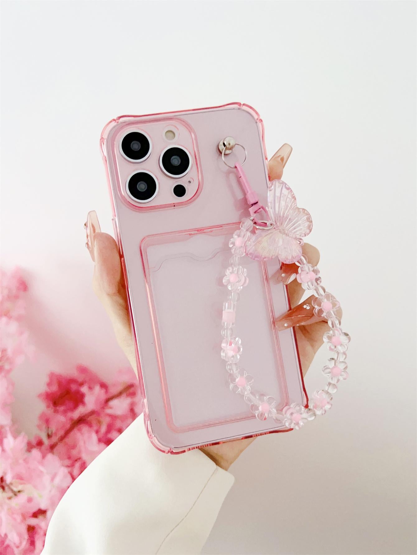 With Phone Charm Pink Clear Card Slot Phone Case With Lanyard Compatible With IPhone15/15Plus/15Pro/15Promax
