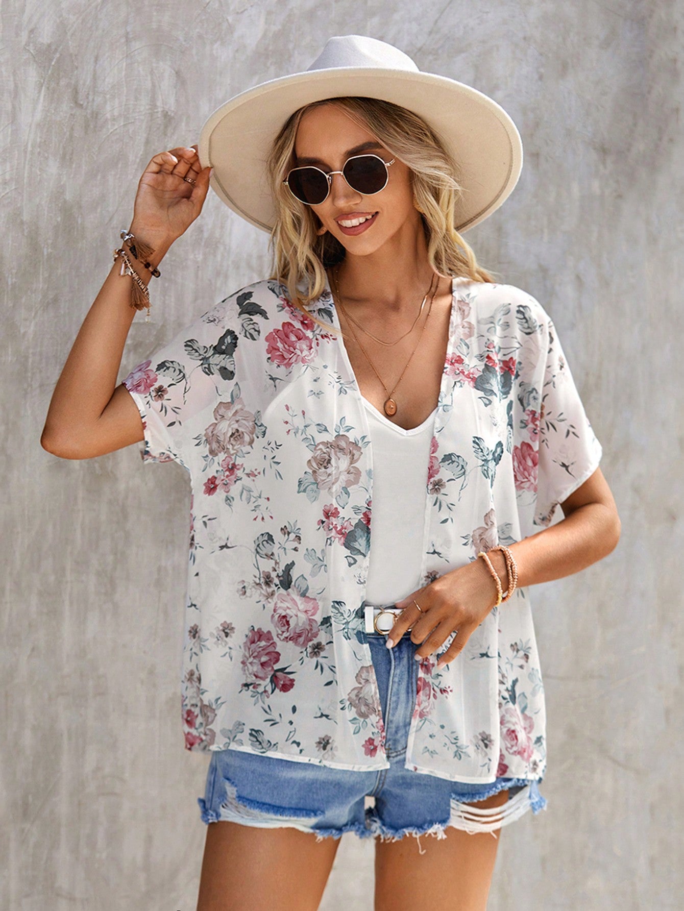Floral Print Batwing Sleeve Open Front Kimono