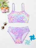 Summer Beach Young Girl Gradient Pink-Purple Multi-Colored Leopard Print Bikini Set
