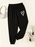 Plus Heart Print Drawstring Waist Sweatpants