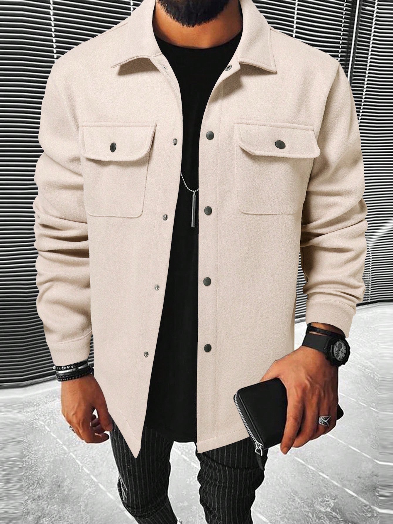 Men's Solid Color Button-Front Pocket Long Sleeve Wool Blend Jacket