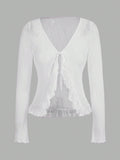Tie Front Ruffle Trim Mesh Top